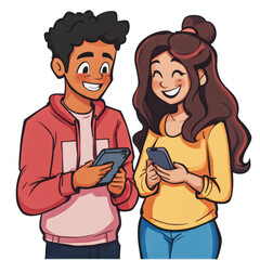 Obraz premium PNG Two young adults happily texting on their smartphones while standing close together in a casual setting