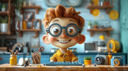 Cartoon 3D marketer creating and editing video content for digital platforms