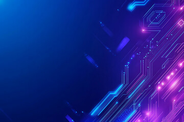 Futuristic vector illustration of an abstract circuit board with neon blue and purple gradients, showcasing intricate digital patterns and tech elements