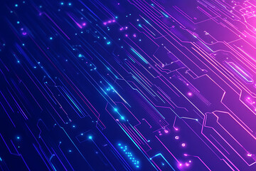 Futuristic vector illustration of an abstract circuit board with neon blue and purple gradients, showcasing intricate digital patterns and tech elements