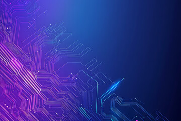 Futuristic vector illustration of an abstract circuit board with neon blue and purple gradients, showcasing intricate digital patterns and tech elements