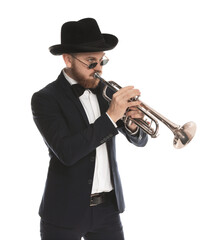 Handsome musician playing trumpet on white background
