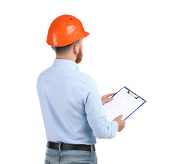 Engineer in hard hat with clipboard on white background