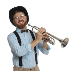 Smiling musician with trumpet on white background