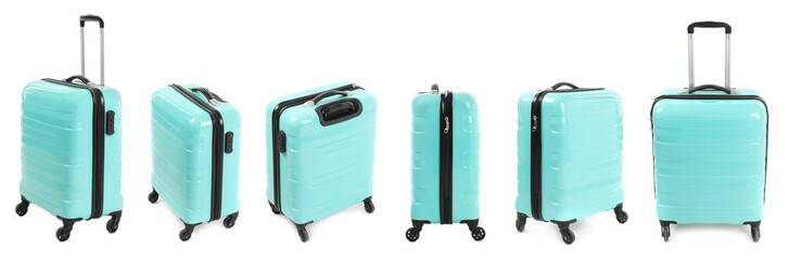 Set of turquoise suitcase on white background, view from different sides