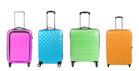 Stylish suitcases of different colors on white background, set