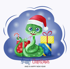 A cute snake with gift boxes. New Year and Christmas card. Vector illustration
