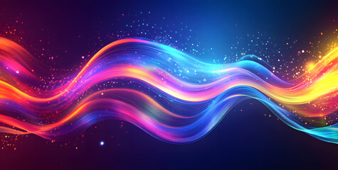 Abstract background with neon glowing waves and bokeh lights. 