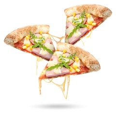 Slices of delicious pizza in air on white background