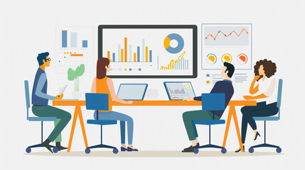 Professional business team working on a project together in the office Using economic growth charts and network connections to accompany the data. in analyzing future trends