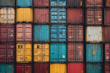 Fototapeta premium Shipping containers stacked on top of each other. Cargo sea port logistics and transportation