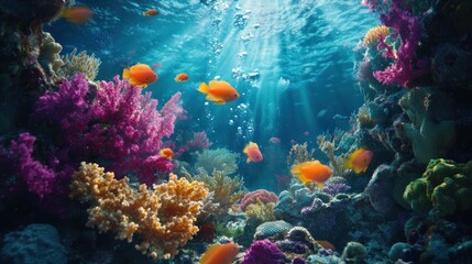 Vibrant Coral Reef with Orange Fish and Sunbeams