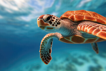 Obraz premium Majestic sea turtle gliding gracefully through crystal-clear waters, vibrant patterns of its shell reflecting sunlight, surrounded by serene underwater blues and gentle currents