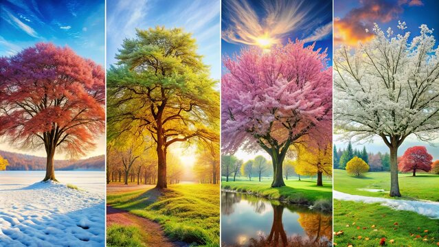 A beautiful collection of four seasons depicted through art with vibrant trees, showcasing spring, summer, autumn, and winter