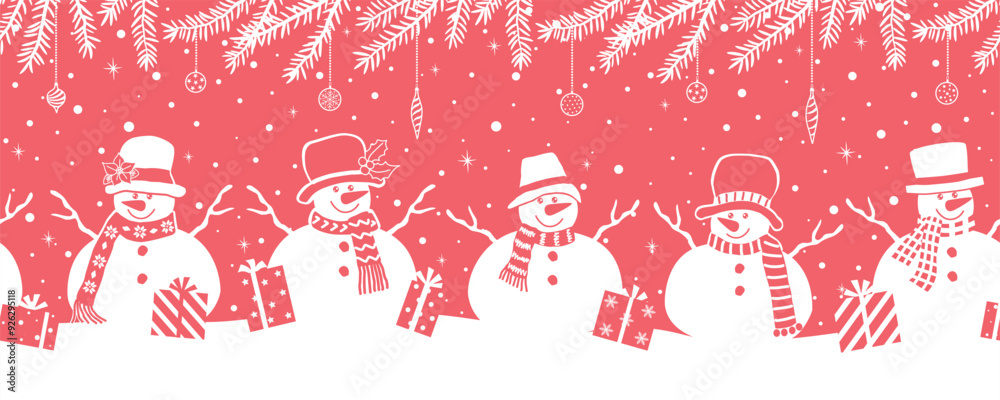 Wall mural Christmas Seamless Border. Snowmen Have Fun in Winter Holidays. Snowmen in Winter Clothes with Gift Boxes under Fir Tree Branches. Greeting Card Template. Vector Illustration in Red White