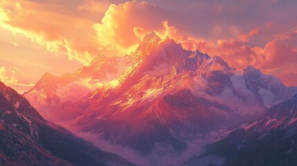 Fototapeta premium Majestic Mountain Peak Bathed in Sunset Light