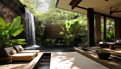 Fototapeta premium Tropical oasis with pool, waterfall, and lounge chairs.