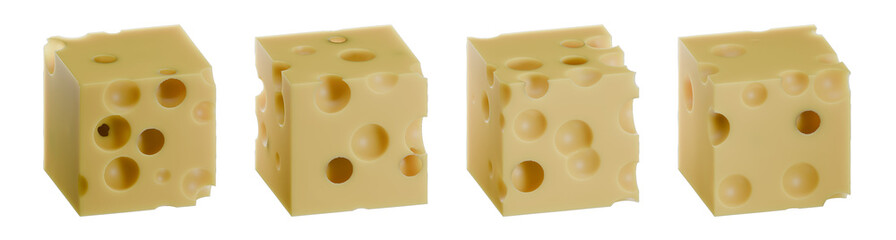 Set of four 3D rendered Swiss cheese cubes with distinct holes, isolated on transparent background with alpha channel, showcasing different angles and textures.