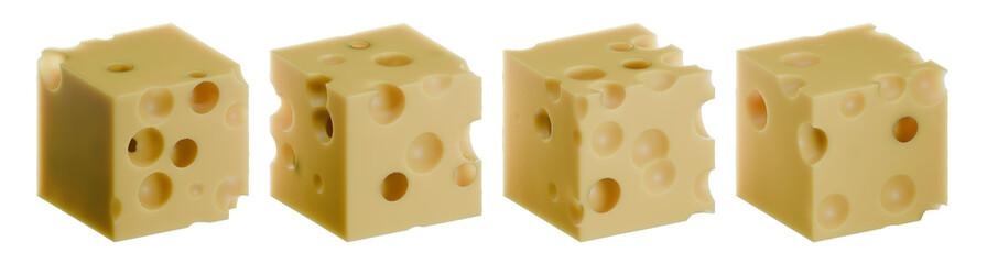 Set of four 3D rendered Swiss cheese cubes with distinct holes, isolated on transparent background with alpha channel, showcasing different angles and textures.