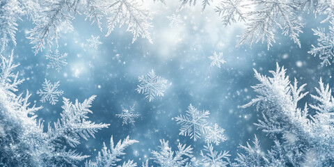 Snowflakes and frosted branches against a soft blue background, creating a serene and magical winter scene