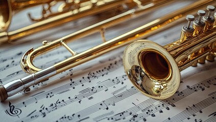 Naklejka premium Two brass instruments on sheet music.