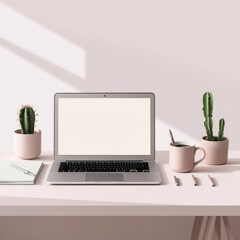 Fototapeta premium minimally designed desk with laptop,coffee,pad,pen and cactus plants
