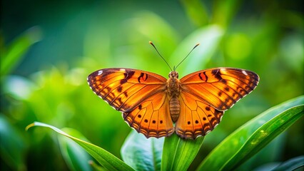 Fototapeta premium Beautiful orange butterfly resting on a green nature background in a garden, with space for text