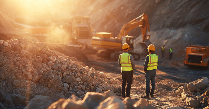 Street style photo of two engineers wearing yellow vests and white helmets, standing on top of a hill near a lake with an excavator in the background