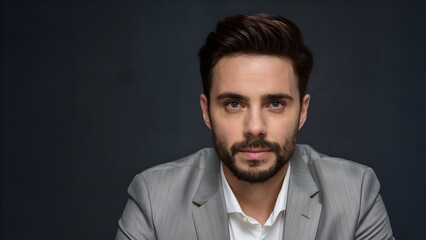 Fototapeta premium confident businessman with a beard wearing a formal suit, sitting in a professional studio setting, great for corporate branding or professional photography