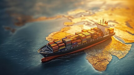 Cargo ship container on deck sailing over an illustrated map of africa with sunlight illuminating the scene, symbolizing african trade and transportation logistics, logistics