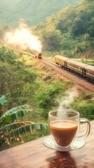 "On a morning balcony, a transparent coffee cup with steaming coffee sits against a backdrop of railway tracks on a green mountainside. A distant train approaches through the bokeh effect.