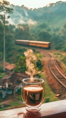 "On a morning balcony, a transparent coffee cup with steaming coffee sits against a backdrop of railway tracks on a green mountainside. A distant train approaches through the bokeh effect.