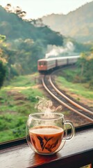 "On a morning balcony, a transparent coffee cup with steaming coffee sits against a backdrop of railway tracks on a green mountainside. A distant train approaches through the bokeh effect.