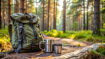 Tourist backpack, metal mug, and map in the forest, perfect essentials for a hiking adventure in the wilderness