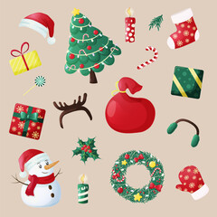 A set of New Year and Christmas accessories. Vector illustration