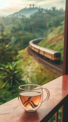 "On a morning balcony, a transparent coffee cup with steaming coffee sits against a backdrop of railway tracks on a green mountainside. A distant train approaches through the bokeh effect.