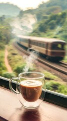 "On a morning balcony, a transparent coffee cup with steaming coffee sits against a backdrop of railway tracks on a green mountainside. A distant train approaches through the bokeh effect.