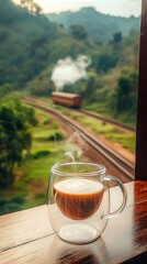 "On a morning balcony, a transparent coffee cup with steaming coffee sits against a backdrop of railway tracks on a green mountainside. A distant train approaches through the bokeh effect.