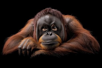 Photo of an orangutan isolated against a black background, emphasising the orangutan's majestic features. Wildlife and conservation concept, space for copy.