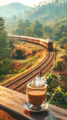 "On a morning balcony, a transparent coffee cup with steaming coffee sits against a backdrop of railway tracks on a green mountainside. A distant train approaches through the bokeh effect.