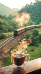 "On a morning balcony, a transparent coffee cup with steaming coffee sits against a backdrop of railway tracks on a green mountainside. A distant train approaches through the bokeh effect.