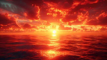 Fiery Sunset over the Serene Ocean with Dramatic Sky Ablaze in Vibrant Hues