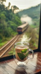 "On a morning balcony, a transparent coffee cup with steaming coffee sits against a backdrop of railway tracks on a green mountainside. A distant train approaches through the bokeh effect.