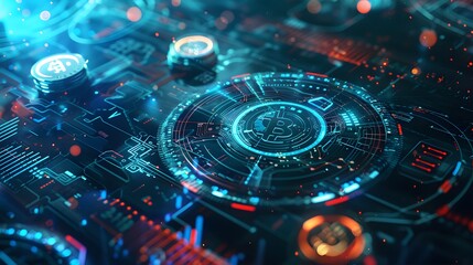 A detailed, futuristic photo of a blue financial graph with surrounding coins and a digital business chart. 