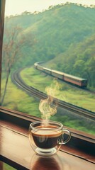 "On a morning balcony, a transparent coffee cup with steaming coffee sits against a backdrop of railway tracks on a green mountainside. A distant train approaches through the bokeh effect.