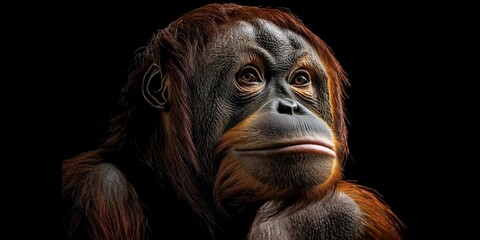 Photo of an orangutan isolated against a black background, emphasising the orangutan's majestic features. Wildlife and conservation concept, space for copy.