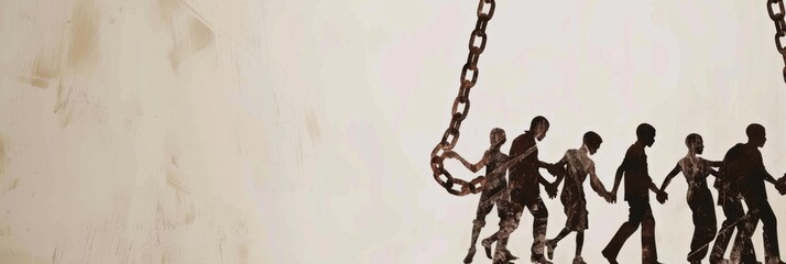 People in chains on white background. International Day for the Abolition of Slavery. Horizontal banner. Copy space. Day against trafficking in person. Black History Month. Remembrance of slave trade