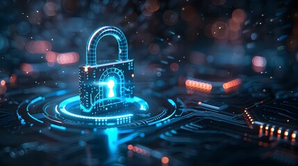 Floating Futuristic Padlock Icon in Cybernetic Dark Environment with Glowing Blue Ring