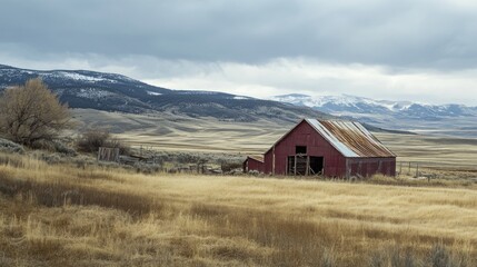 Red Barn Against a Mountainous Landscape