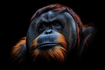 Photo of an orangutan isolated against a black background, emphasising the orangutan's majestic features. Wildlife and conservation concept, space for copy.